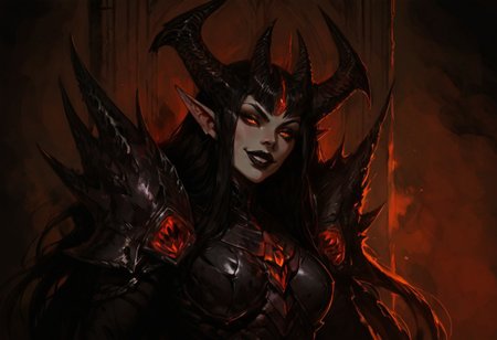 score_9, score_8_up, score_7_up, score_6_up, masterpiece, 1girl, solo, Femme demon, Femme, demon, dual tone dark purple and black hair, four horn, horn, long hair, pale skin, happy, 20yo girl, perky tits, full plate metal armor, metal armor, seductive eyes, upper body, seductive smile, black lips, no hat, pose, sit on throne, dynamic angle, motion lines, motion blur,