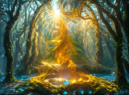 She is a being made of millions of golden threads; she is majestic, capable of touching your soul with a simple glance. This being is called Eltirion.
Eltirion has no strict form, but he prefers to resemble a woman. He finds their bodies harmonious. She loves harmony.
At this moment, Eltirion is enjoying himself floating above an enchanted forest. She is remaking the world; after all, she is a god. in the image depicts Eldirion using his powers to remake the forest
 <lora:3nch4nt3d_f0r3st:1> <lora:Add_Details_v1.2:1> <lora:FC Flux Perfect Busts:1.3> <lora:Mystic_Lumina_r1:1> <lora:Realistic-Fantasy-style_flux1D_LOREVER:1> <lora:slg_v30:1> <lora:ymnmpi196a29e8950n39e6:1> <lora:å·¨ç¥_FLUX_lora_v1:1> CyberRealistic