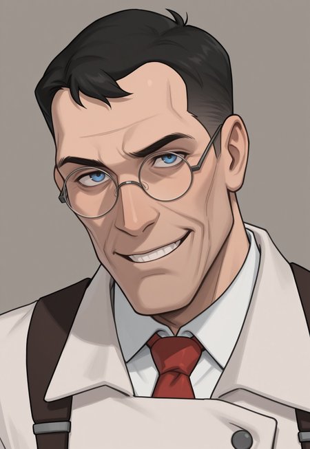 anime, masterpiece, best quality, detailed background, 8k, 1boy, solo, medic (tf2), mature man, blue eyes, black hair, very short hair, glasses, round eyewear, white shirt, red tie, white labcoat, brown suspenders, grin, gray background, half body, face focus, close-up, turning to viewer, staring at viewer, no pose