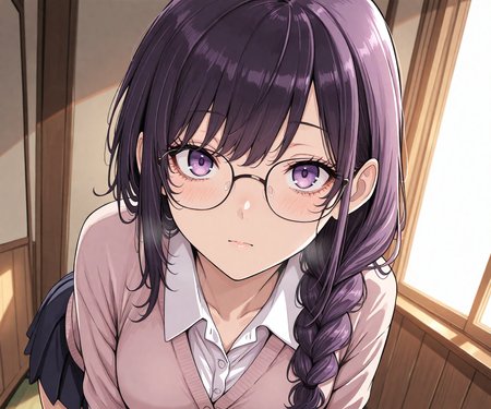 masterpiece, best quality, amazing quality, , 1girl, solo, shirt, glasses, skirt, looking at viewer, cardigan, long hair,   braided_ponytail, purple eyes, eyelashes,  <lora:pt style ILL-v2:1.6> ptstyle