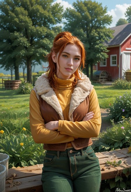 score_9, score_8_up, score_7_up,, high res ima , source_photo, source_real, (realistic:1.4),
1girl, cowboy shot, solo, , working,
outdoors, farm, garden, <lora:Robin_-_IL:0.8> Robin_SDV, green eyes, orange hair, ponytail, yellow turtleneck, green pants, brown vest, fur trim, masterpiece, best quality, good quality, newest