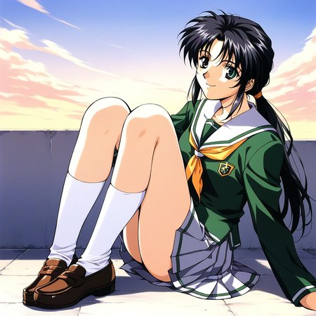 score_9, score_8_up, score_7_up, source_anime, rating_explicit, BREAK <lora:Tachibana_Yumi_XL:1> Tachibana_Yumi, black hair, long hair, green eyes, low ponytail, bangs, sidelocks, 1990s (style), 
1girl, school uniform, solo, skirt, shoes, green shirt, socks, pleated skirt, 
loafers,  long sleeves, sitting, smile, serafuku,  full body, legs
day, sky, outdoor,