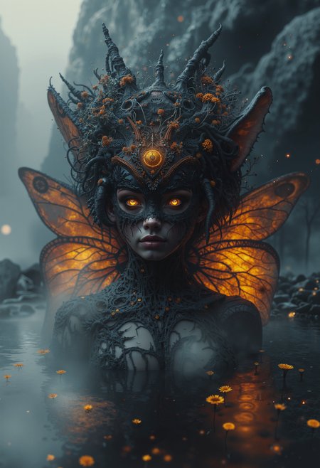 foggy, surreal dream, double exposure, living in a thunder cloud,, bo-cityscape, bo-exposure, bo-cyberpunk, bo-steampunk, bo-abyss, a highly detailed, digital artwork depicting a fantastical, anthropomorphic creature with a dark, ethereal appearance, the creature has large, pointed ears and a small, delicate nose, its skin is dark, and its eyes are pale, giving it a mysterious, almost otherworldly appearance, its wings are a vibrant orange, with intricate, spider-like patterns, and they have a delicate, almost translucent quality, they are positioned in a shallow, reflective pool of water, with the creature's head and body partially obscured by a large, ornate, black, and gold mask adorned with small, glowing yellow flowers, the background is blurred, with a hint of dark, indistinct rocks or trees, adding a sense of depth and mystery to the scene, the overall color palette is dominated by cool tones, with shades of black, orange, and yellow dominating the image, the texture of the artwork is smooth and polished, with meticulous attention to detail, making it a captivating and immersive piece of art<lora:Flux\boFLUX In the Sky v2.safetensors:0.6:0.6> <lora:Flux\boFLUX digital-abyss.safetensors:0.6:0.6>