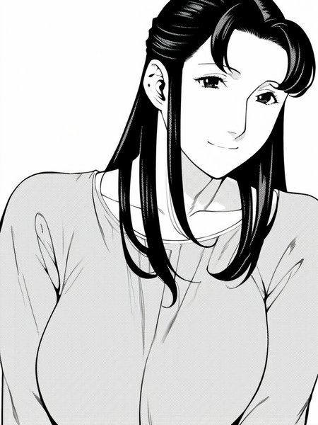 score_9, score_8_up, score_7_up,  
1girl, monochrome, suzuki tk, mature female, long hair, black hair, large breasts,

looking at viewer, smile, closed mouth, overshirt, upper body, v arms, white background,