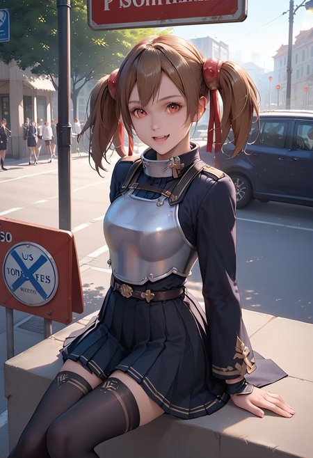 score_9, score_8_up, score_7_up, 1girl, silica, solo, skirt, brown hair, open mouth, red eyes, thighhighs, breastplate, twintails, white background, black skirt, pleated skirt, armor, smile, ribbon, skirt, thighhighs, breastplate, black skirt, pleated skirt, armor,, black thighhighs, rminiskirt, bus stop, public place nighttime vibrant lighting, street lights, high contrast, dramatic shadows, highly detailed, detailed skin, depth of field, tilted angle, moody lighting, exy pose,professional lighting, perfect quality, high quality, photorealistic, sitting, (((supermodel))),((goddess))