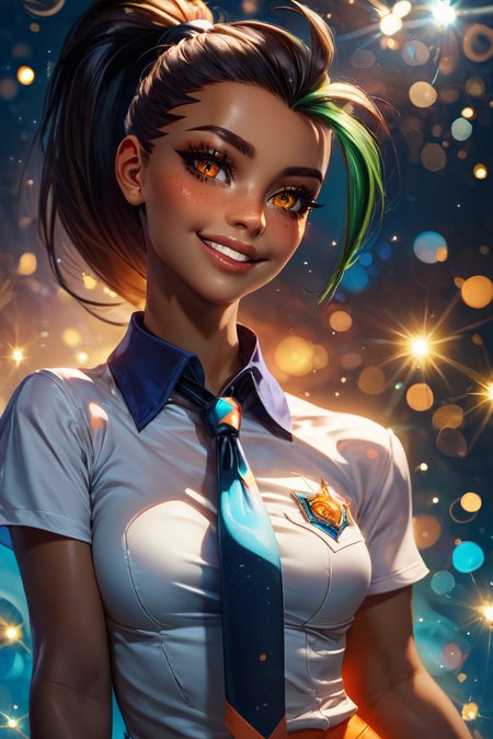 score_9, score_8_up, score_8, medium breasts, (curvy), cute, eyelashes,       BREAK, , <lora:NemonaJayler:1.0> nemona, 1girl, aged_up, dark skin, ponytail, long hair, freckles, smile, shirt, hair pulled back, white shirt, orange shorts, necktie, gloves, collared shirt, short sleeves,, BREAK,  (ultra realistic,32k, masterpiece:1.2),(high detailed skin:1.1),( high quality:1.1), curvy, head tilt, hearts, blush, lips, curvy, head tilt, shiny clothes, (upper body), looking at viewer, bokeh, luminescent background,  embedding:zPDXL, Expressiveh,  <lora:RlAnmPDXL:1.0>,