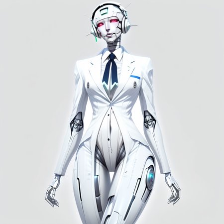 airplane, cable, full body, earrings, labcoat, masturbation, parted lips, humanoid robot, black eyes, necktie, android