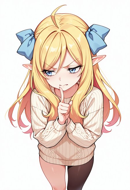 Smooth Quality,masterpiece,very intricate, high quality details, ultra realistic, high detailed skin,detailed enviorement,absurdres,
index finger raised,
 <lora:Jashin-chan_CNR:0.8> jashin_cnr, 1girl, blonde hair, long hair, ahoge, blue eyes, pointy ears, fangs, hair ribbon,legs,, simple background, white background, from above,solo,, disappointed,, sweater, ,anorak,  ,single leg pantyhose, ,