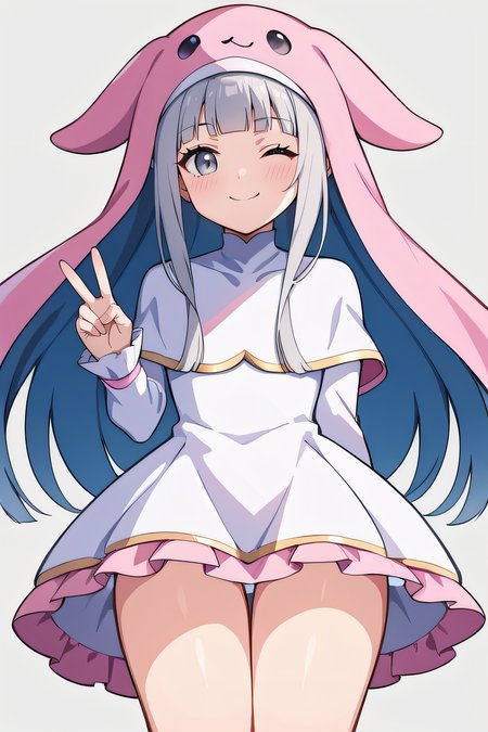 score_9, score_8_up, score_7_up, source_anime, rating_safe, intricate details, 1girl, solo, <lora:Sistermon_Blanc:1>, blanc, grey hair, grey eyes, blunt bangs, white dress, white capelet, long sleeves, thighs, looking down, simple background, pink animal hat, very long floppy animal ears, long pink veil, white petticoat, thick thighs, blush, smile, one eye closed, peace sign