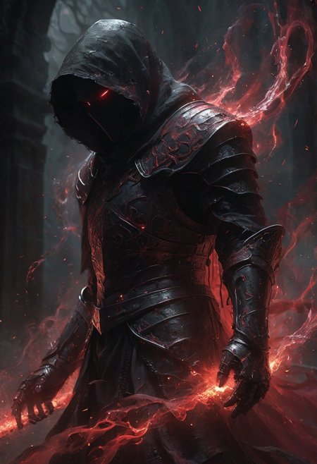 solo, clad in obsidian Eldritch armor, glowing crimson accents, intricate details, a hood that obscures his eyes, 
glowing red runes. tendrils of black fog, 
intricate black armor, hooded cloak, dark contrast, cinematic lighting, soul knight, ais-darkpartz