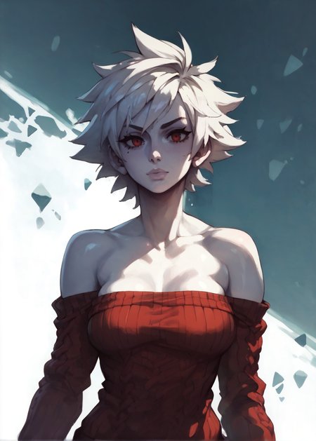 white skins, spiky red short tomboy hair, neutral expression, tight sweater, <lora:NAHIRI:1> nahiri, 1girl, solo, short hair, breasts, bare shoulders, white hair, colored skin, boob cutout, side boob,  <lora:RD-MAnon-XLV1.1:1>  female,, source_anime, score_9_up,  score_7_up, score_8_up