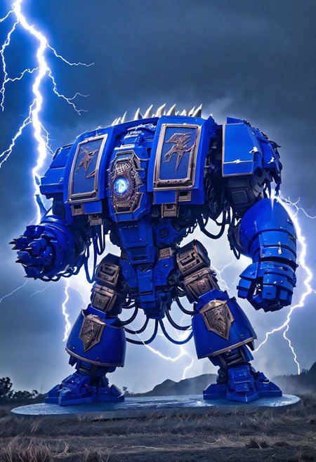 A four-meter tall massive cobalt drdnght machine, wreathed in crackling arcs of lightning, strides confidently through a raging storm, its ancient power core resonating with the fury of a thousand thunderbolts as it lays waste to all who oppose it.