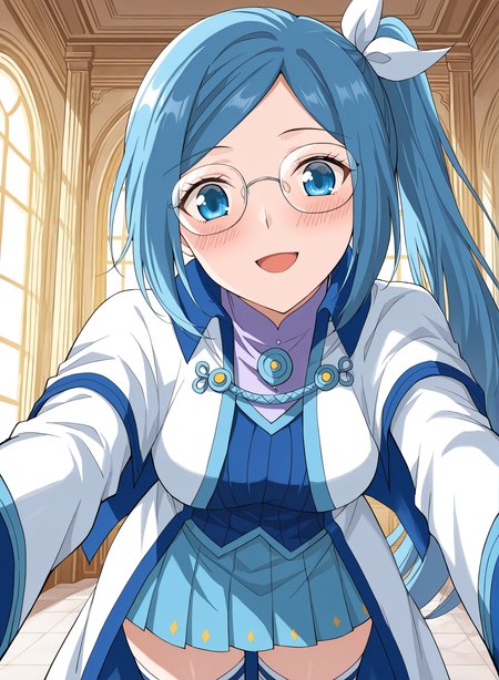 <lora:Ye_Xin_Lan__Battle_Through_the_Heavens__Illustrious:1>
1girl, solo, blue hair, long hair, side ponytail, hair ribbon, glasses, round glasses, blue eyes, anime style, intelligent look, magic academy uniform, scholar, elegant, white and blue outfit, high collar, long sleeves, white sleeves, layered clothing, blue skirt, white robe, formal dress, thigh-highs, detailed costume, refined, 
score_9, score_8_up, score_7_up, score_6_up, source_anime, rating_explicit, 1girl, solo, smile, embarrassed, alcalose eyes, open mouth, mansion, indoors, looking at viewer, outstretched arms, pov, close-up, (head tilt:1.2)