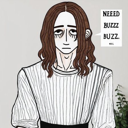 brown hair, shoulder length hair, eyelashes, black eyes, Beautiful, pale, skinny, melancholic, pretty boy, middle part, maid dress, text:"need buzz plz"