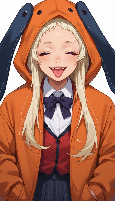 score_9, score_8_up, score_7_up, score_6_up, score_5_up, score_4_up,
1girl, solo, standing, upper body, smile, open mouth, tongue, teeth,^ ^, closed eyes, arms at sides, facing viewer   <lora:Runa new 2:0.8> Runa, blonde hair, purple eyes, orange hooded jacket, white shirt, animal hood, red blazer , pleated skirt, striped thighhighs