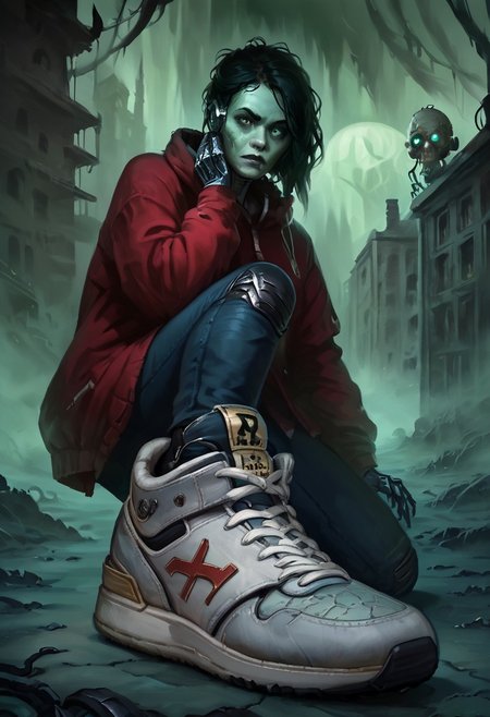 score_9, score_8_up, score_7_up, w4rh4mm3r style oil painting, grimdark, 18 year old female cyborg, eerie horror background, foggy, hud_sh03_sh0w, foreshortening, looking at viewer, sneakers. wearing cybernetic sneakers