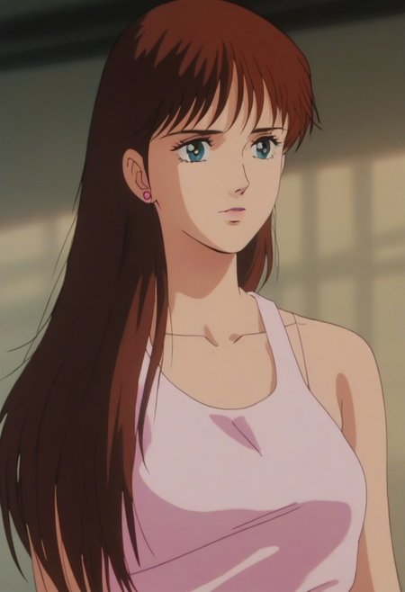 score_9, score_8_up, score_7_up, realistic, fine anime screencap_xl, anime screencap, miakoji, ronin warriors, solo, 1girl, retro, brown hair, 1980s (style), bangs, long hair, blue eyes, portrait, makeup, leggings, tank top, tiny shorts