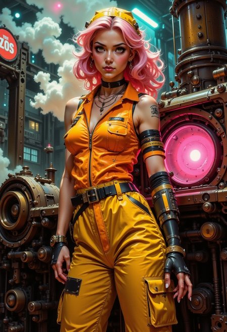 Vivid photo, masterpiece, high-quality,  high contrast, smoke effects, motion blur, dynamic lighting, A pin-up mechanic in a dieselpunk setting, wearing a bright yellow and orange jumpsuit, her hair in soft pink tones, and surrounded by tools. Behind her is a large engine emitting a faint pink glow. The image uses a cheerful, vintage color palette, adding warmth and playfulness to a scene rich in dieselpunk detail.