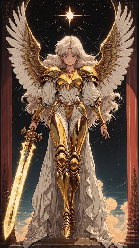 1girl, short platinum blonde hair, radiant golden armor, intricate engravings, celestial wings, holding a glowing longsword, floating in a starry sky, divine presence, dramatic lighting masterpiece, best quality, amazing quality, very aesthetic, absurdres, detailed eyes, newest, <lora:PinkieRetroAnimeIL:1>, pinkretroanime, retro art,