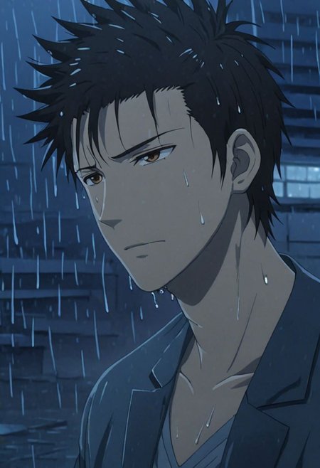Highres, Masterpiece, High Quality, 4K, 8K, solo, 1Boy, Soujirou Agata, brown eyes, black hair, wet, slippery, heavy rain, dark, looking down, sad, heartless, wet hair, city night, easynegative, detailed_eye_model