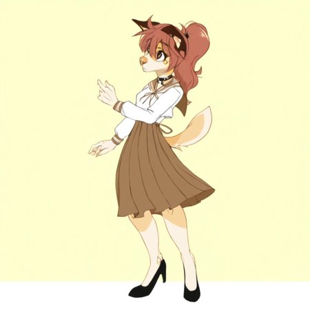 Dan1ka,1girl,solo,furry,furry female,dog girl,dog ears,brown hair,ponytail,long hair,hair between eyes,brown eyes,snout,animal nose,collar,body fur,dog tail, , hair ornament, flower earrings, long sleeves, white shirt, brown sailor collar, neck ribbon, brown skirt, pleated skirt, back ribbon, black footwear, flats, high heels, full body, classroom