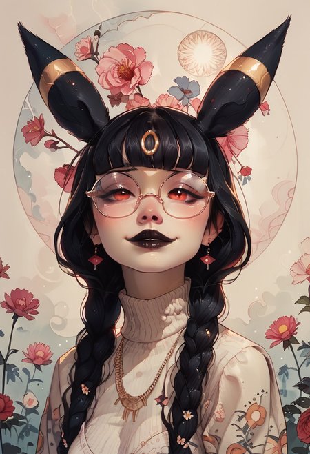 score_9, score_8_up, score_7_up, score_6_up, pastel, watercolor, floral, ArsMJStyle, Art Nouveau, Fl0ralD0lls,
black hair, blunt bangs, long braids,
cute, female, 1girl, black lipstick,
in a flowery meadow, 
umbreon pokemon, umbreon girl, swirling smoke,
large sagging breasts,
white knitted cropped sweater,
Smiling, round glasses,