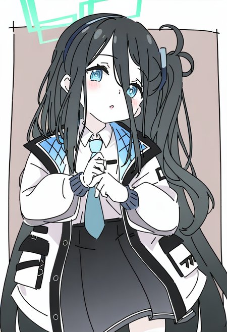 1girl, aris \(blue archive\), necktie, solo, skirt, blue eyes, long hair, shirt, jacket, hair between eyes, halo, hairband, black hair, blue necktie, pleated skirt, white shirt, brown background, very long hair, black skirt, collared shirt, looking at viewer, one side up, black hairband, blush, long sleeves, open clothes, white jacket, parted lips, tie clip, open jacket, simple background, bangs, school uniform, two-tone background <lora:ixyXL_NBVP1_lokr_V6311PZ:0.95>