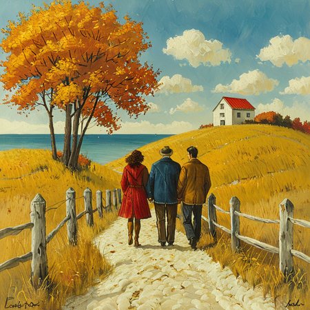 painting of a man and woman taking a walk in the beach on a nice sunny fall day  <lora:tbh176-sdxl:1> style of Lowell Herrero