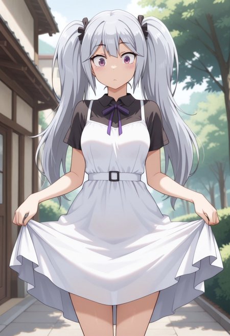 masterpiece,best quality,amazing quality, sakai tama, purple eyes, long hair, grey hair, twintails, 1girl, solo, dress, outdoors