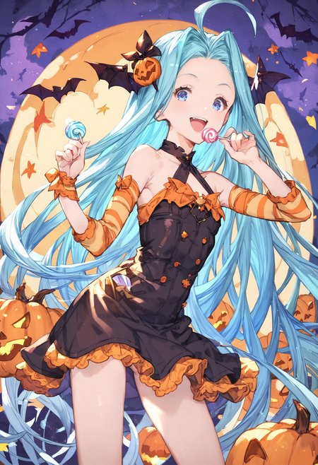 score_9, score_8_up, score_7_up,score_6_up, source_anime, best quality, aesthetic, absurdres, 
halloween, halloween costume, official alternate costume, hair ornament, (miniskirt:1.2), holding lollipop candy,
1girl, solo, smile, upper teeth only, (clear eyes:1.1), looking at viewer,
Lyria (Granblue Fantasy), very long hair, blue hair, (body_slim:1.1), small breasts, bare legs, 
<lora:Lyria-Pony:0.8>  <lora:IshikePony:0.2>