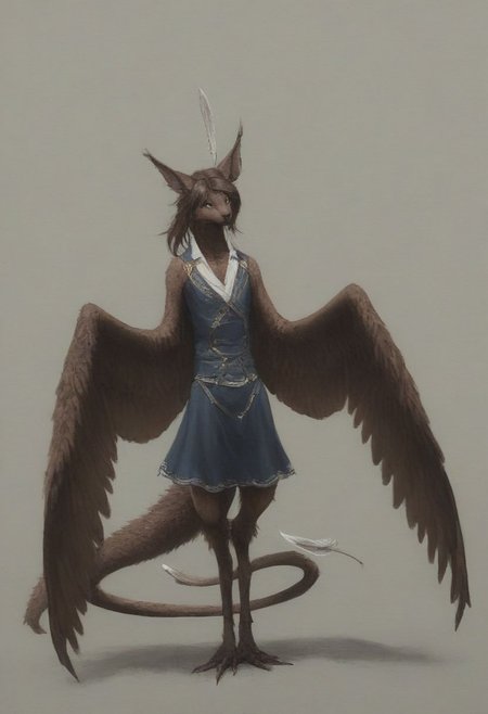 [creature name: Palagiri]
1 person, harpy, ((no arms, wings only)):1.6, androgynous, flat chest, no breasts, anthro, ((long hair)), ((long toes, nimble toes, handfeet)):1.4,, dynamic pose, detailed face, fully clothed, pelvic curtain skirt, feline features, feline nose, feline ears, ((thick tail, tapering tail, feather tipped tail)), harpy:1.2, large wings, digitigrade legs, rating: safe