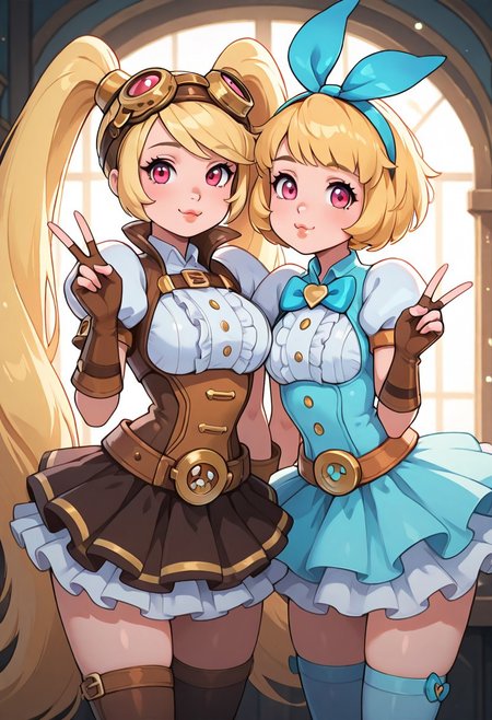 masterpiece, best quality, curvy, beautiful eyes, narrow waist, wide hips, smile, looking at viewer, dynamic angle, foreshortening, close up,     k4w4iim1r41, cute outfit, pastel clothes,  
(2girls:1.1), 
zzLayla, twintails, blonde, blonde hair, long hair, very long hair, red eyes, goggles, goggles on head, gloves, thighhighs, skirt, short sleeves, fingerless gloves, puffy sleeves, brown gloves, puffy short sleeves,
side by side, hug, 
angelamobile, looking at viewer, short hair, blonde hair, gloves, long sleeves, bow, ribbon, long hairband, bowtie, pink eyes, blue bow, brown gloves, pink clothes, puffy lips, v, joints,
