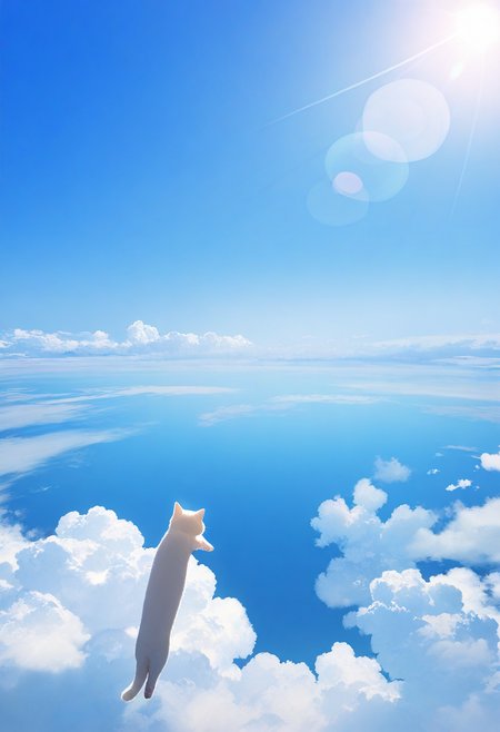 longcat (meme), no humans, cat, sun, above clouds, sky, cloud, day, animal focus, outdoors, lens flare, scenery, blue sky, ocean, horizon, sunlight, pointing, white cat, floating,  
masterpiece, best quality, amazing quality, very aesthetic, absurdres,
<lora:concept_longcat_Illustrious_V2L:1>