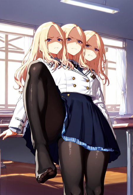 (((1girl))), ((8arms, three heads, six legs, trileg)),  score_9, score_8_up, score_7_up, score_6_up, score_5_up, score_4_up, shiny skin, leg focus, juosena, (((black pantyhose))), fully clothed, casual, leaning,( from below), thick thighs , one leg up, feet toward viewer , stepping the viewer,six legs, trileg, ((disgusted face)) , shaded face,indoors , classroom, [shadows], light rays, Expressiveh