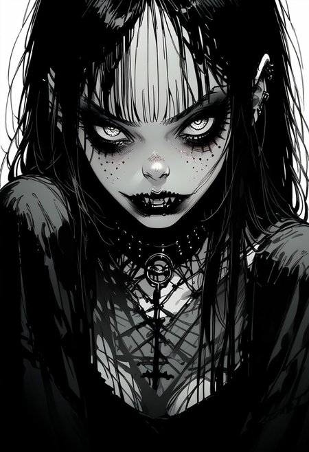 score_9, score_8_up, score_7_up, score_6_up, 1girl, m4ng4, gothic, vampire, horror, monochrome, comic,