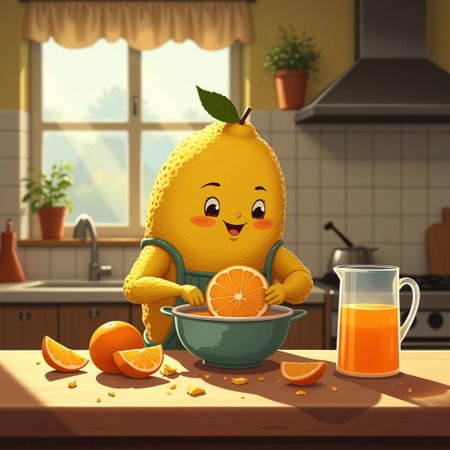 Imagine a professional photo of a cozy, vintage-style kitchen where an anthropomorphic lemon stands at the countertop, hard at work. This cheerful lemon character has a bright yellow peel with textured, bumpy skin, adding a touch of whimsy. He’s wearing a tiny apron to protect himself from juice splatters as he strains fresh oranges, making a vibrant orange juice. His expression is focused and content, with a hint of a smile, as he squeezes an orange half with all his might.
The kitchen background is warm and inviting, with retro tile backsplash, potted herbs on the windowsill, and sunlight streaming through, casting soft, warm shadows. The countertops are sprinkled with orange peels, and small drops of juice glisten on the lemon’s apron. A pitcher nearby is gradually filling with bright orange liquid, emphasizing the rich, juicy colors. The scene captures a charming contrast between the industrious lemon and his work, creating a heartwarming, playful atmosphere filled with warmth and nostalgia, retro_anime