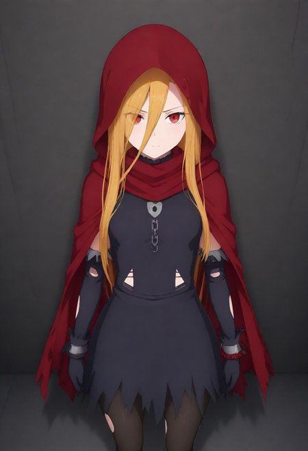 masterpiece, best quality, amazing quality,,, shiny skin,,,,,, <lora:Evileye:1> N4rb3r4lG4mm4, red eyes, blonde hair, very long hair, hair between eyes, torn clothes, hood, pantyhose, black dress, gloves, chain, hooded cloak, shackles,