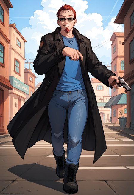 score_9, score_8_up, score_7_up, source_cartoon, solo, 1boy, post@l_dude, red hair, red goatee, black glasses, black coat, shirt, jeans, boots, running towards viewer, holding pistol, town, smirk,