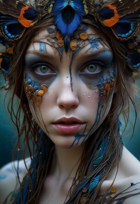 Close-up face, messy make-up, mysterious girl in traditional clothing, goddess, alluring, by Minjae Lee, Carne Griffiths, Emily Kell, Steve McCurry, Geoffroy Thoorens, Aaron Horkey, Jordan Grimmer, Greg Rutkowski, amazing depth, double exposure, surreal, intricately detailed, bokeh,  perfect balanced, deep fine borders, artistic photorealism , smooth,  great masterwork by Suiras  <lora:add-detail-xl:2>  <lora:Double_Exposure:0.5>
