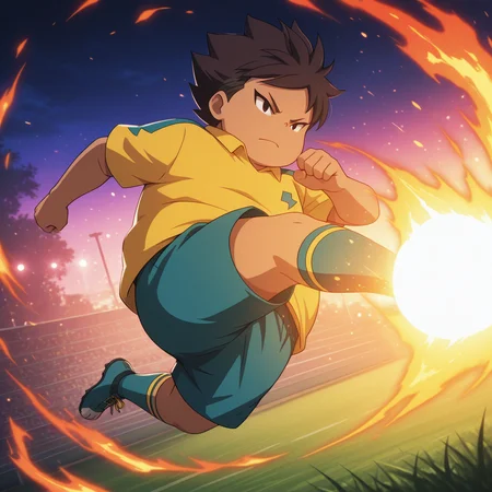 ((deep contrast, luminous lighting, cinematic ambiance, best quality, colorful, masterpiece, detailed_background, very aesthetic, absurdres, highres, newest)), <lora:kozomaru-v2-10:1> fkozomaru, 1boy, young, chubby, raimon_soccer_uniform, outdoors, night, 
, flaming_kick, dynamic_pose, fire_effects, (spiral_flames around body:0.5), blazing_light, action_scene, dutch angle, 
, soccer, inverted pose, (kicking soccer ball), midair, (soccer ball on feet)