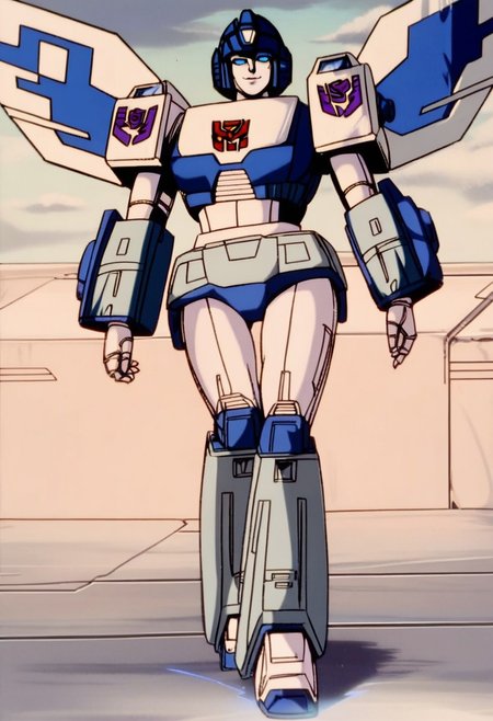 score_9, score_8_up, score_7_up, animation, transformers, 1girl, robot, Decepticon, Tall, slim, Seeker, Starscream glowing eyes, blue eyes, large eyes, circular eyes, white armor, Forard swept wings, transforms into futuristic Stelth Mig Fighter Jet, full body, cowboy shot, smiling, holding null ray blasters, Decepticon Symbol, outer leg armour wrapped around legs (curvy, wider at bottom, knee joint)
 <lora:StarScream1.2:1>