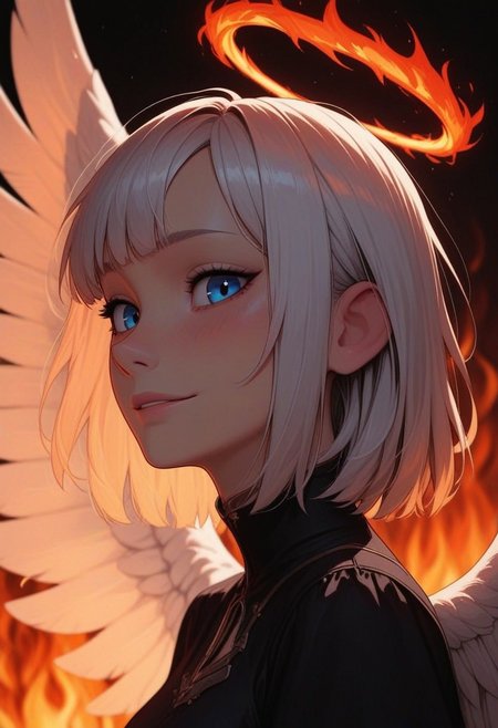 masterpiece, best quality, amazing quality, p0nyd1sney1ncasev1x0n2:1.5, 1girl, 25 years old, perfect face, 
from side, detailed face, portrait, face focus, depth of field, looking at viewer, shy smile, (close up),
blue eyes, 
white hair, white skin, 
black dress, 
angel wings, white wings, feathered wings, 
fire, fire halo, upside down