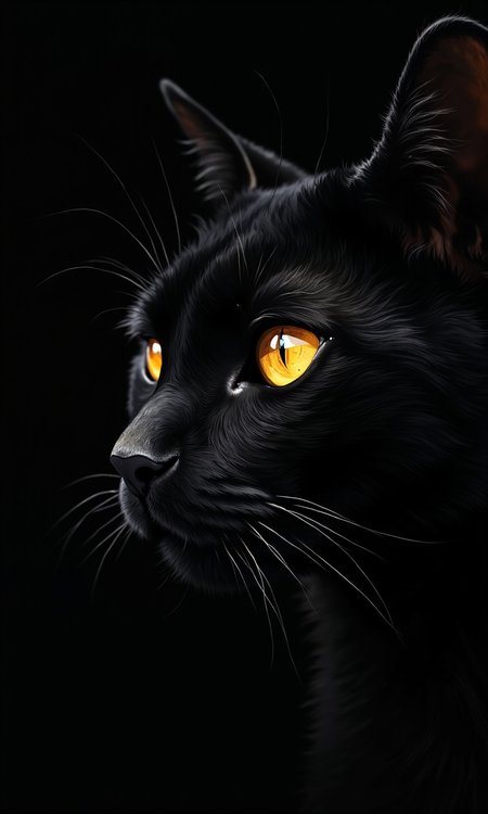 Close-up of a black cat's face.Â 
The cat's head and face fill most of the image. The fur is a deep black, with detailed lines and shading that suggest texture and depth.Â 
The cat's eye is a striking golden yellow, positioned to be part of the image's focal point.Â  The highlights are concentrated on the eye and the eyeâs surrounding area, giving an impression of light coming from within the eye.Â 
The cat's nose and whisker area are visible, also detailed with black and subtle gradations.Â 
The background is entirely black, contrasting sharply with the cat's features and highlighting the illuminated eye. The effect is one of a dramatic, stylized portrait of a black cat.
 <lora:FLUX-daubrez-DB4RZ-v2:1> DB4RZ, DB4RZ style painting