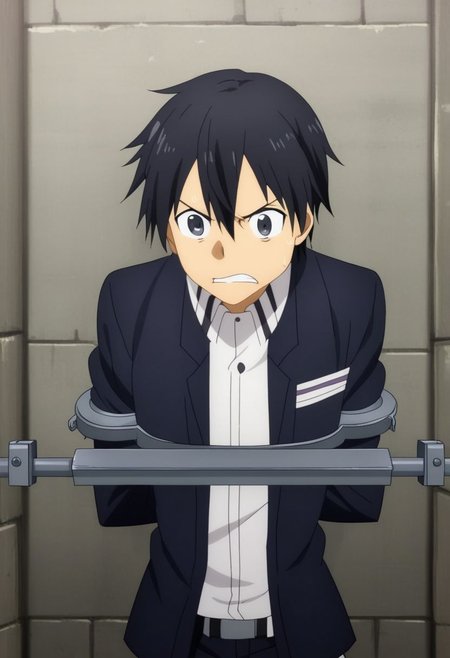 high resolution, professional photography, solo, best quality, 1Boy, Kazuto Kirigaya, Black Hair, Black Eyes, arrested, restrained, struggling, OverallDetail