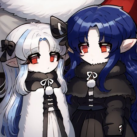 <lora:murasakigezi-05:1.2> chibi  <lora:Len_tsukihime:0.8> blue hair, long hair, red eyes, pointy ears, black hair ribbon, black dress, black skirt, black capelet, fur trim, white hair, long hair, red eyes, pointy ears, white hair ribbon, white dress, black skirt, white capelet, fur trim