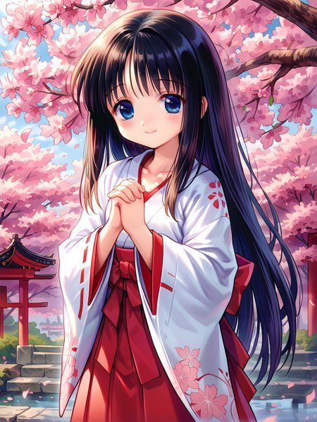 1girl, 
solo, cute face, black hair, long hair, straight hair, miko, red hakama, brack eyes, blush, outdoors, closed mouth, hands up, day, wide sleeves, white kimono, falling petal, long sleeves, cherry blossoms, standing, skirt, own hands together, blue eyes, looking at viewer, smile, japanese clothes, petals, tree, sidelocks, hakama, collarbone, cowboy shot, kimono, very long hair, copyright name, hakama skirt,
A young girl with long black hair and blue eyes. she is wearing a white blouse and red pants, and her hands are clasped together in front of her chest. the background is filled with pink cherry blossom trees, creating a beautiful and romantic atmosphere. the overall mood of the image is peaceful and serene.
score_9, score_8_up, score_7_up, source_anime
 <lora:style015:0.9>