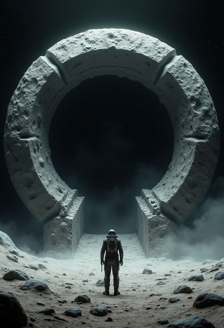 photograph of giant  lovecraft chtulhu circular structure gate,
(front centered wide shot, huge gate, big size difference, on a moon planet, rear view of man in space suit standing:1.2),
black dark blank space background, hard lighting