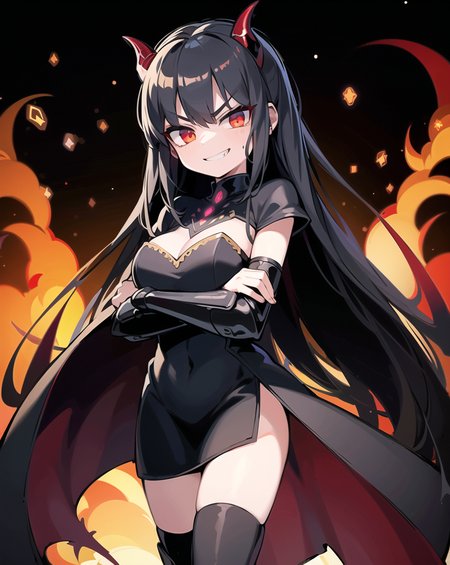 masterpiece, best quality, ultra-detailed, illustration, epic lighting, cinematic composition, colorful, 1girl, demon horns, black hair, red eyes, glowing eyes, standing, jewelry, (armored dress:1.2), armored boots, vambraces, red cape, (crossed arms:1.2), looking at viewer, smiling, teeth, cowboy shot, (v-shaped eyebrows:1.2), (evil, villain:1.2), grin, flames, sparks, smoke, bloom, bokeh, luxurious, dark, darkness, shadows, demonic, death, destruction, pride, greed, leader, queen, dark background,, (extremely detailed CG:1.2), (8k:1.1)