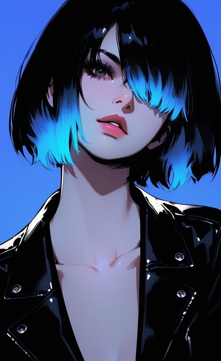 masterpiece, best quality, amazing quality, highres, 
1girl, solo, looking at viewer, short hair, simple background, black hair, blue hair, jacket, collarbone, upper body, parted lips, hair over one eye, black eyes, black jacket, eyelashes, lips, (head tilt:1.2), makeup, blue background, eyeshadow, nose, realistic, leather, leather jacket, mascara, GTHAN, glowing, xxx667_illu, <lora:illustriousXL_stabilizer_v1.23:0.3> <lora:NOOB_vp1_detailer_by_volnovik_v1:0.3> <lora:ponyv6_noobE11_2_adamW-000017:0.45> <lora:XXX667:0.45> <lora:GTHAN-IL:0.75>
