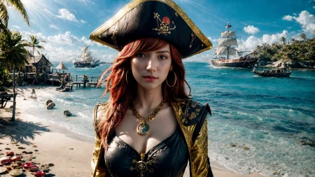 (young redhead pirate woman), (portrait), sharp focus, (ultradetailed), (standing), (happy) smile, pirate (ship galleon:1.2,  hoop earrings, gold medallion, Sweet Pinkpirate clothes, pirate hat, hips, (pirate parrot:1.2),  pirate (village), leafy beach coast, (treasure chest with coins, gems and jewels:1.2), rum barrel, best quality masterpiece,  bright sunny sky, backlight, natural lights, high contrast, hdr, shadows, pretty, beautiful, feminine, sexy, adorable, lovely, in love, (PirateDiffusionprt:0.5),  <lora:Pirate:0.3>  PrateT  <lora:PirateRealms:0.3> <lora:Detail Tweaker LoRA add_detail:0.8> <lora:depth_of_field_slider_v1:5> <lora:SDXLrender_v2.0:0.9>